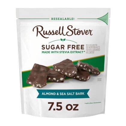 RUSSELL STOVER Sugar Free Dark Chocolate Almond & Sea Salt Bark, 7.5 oz bag (≈ 24 pieces)