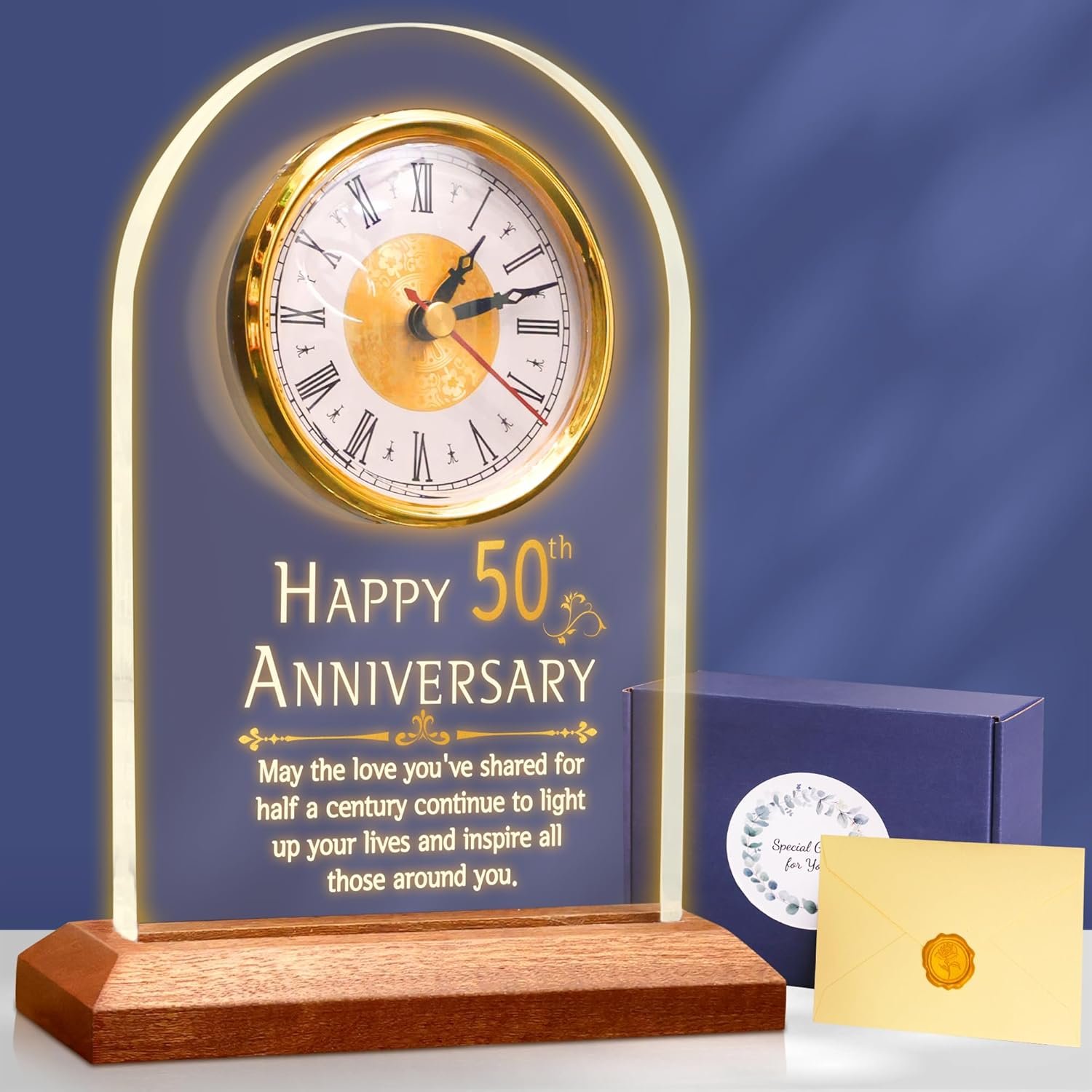 50th Anniversary Wedding Gift, Anniversary Quartz Clock, Desk Table Clock, 50 Years of Marriage, Golden Wedding for Couple, Parents, Grandparents (Wooden Base with LED Light)