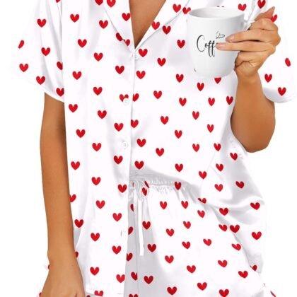 HOTOUCH Womens Satin Pajamas Set Button Down 2 Piece Silk Pjs Shorts Set Ruffle Lingerie Notch Collar Sleepwear