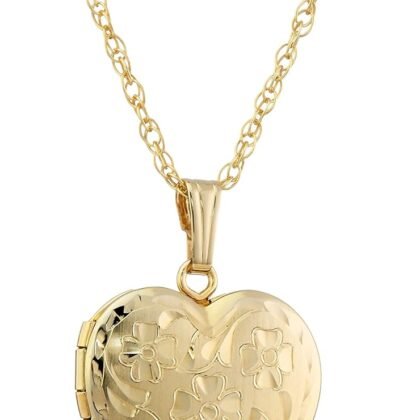 Amazon Essentials 14k Engraved Flowers Heart Locket Necklace, 18"