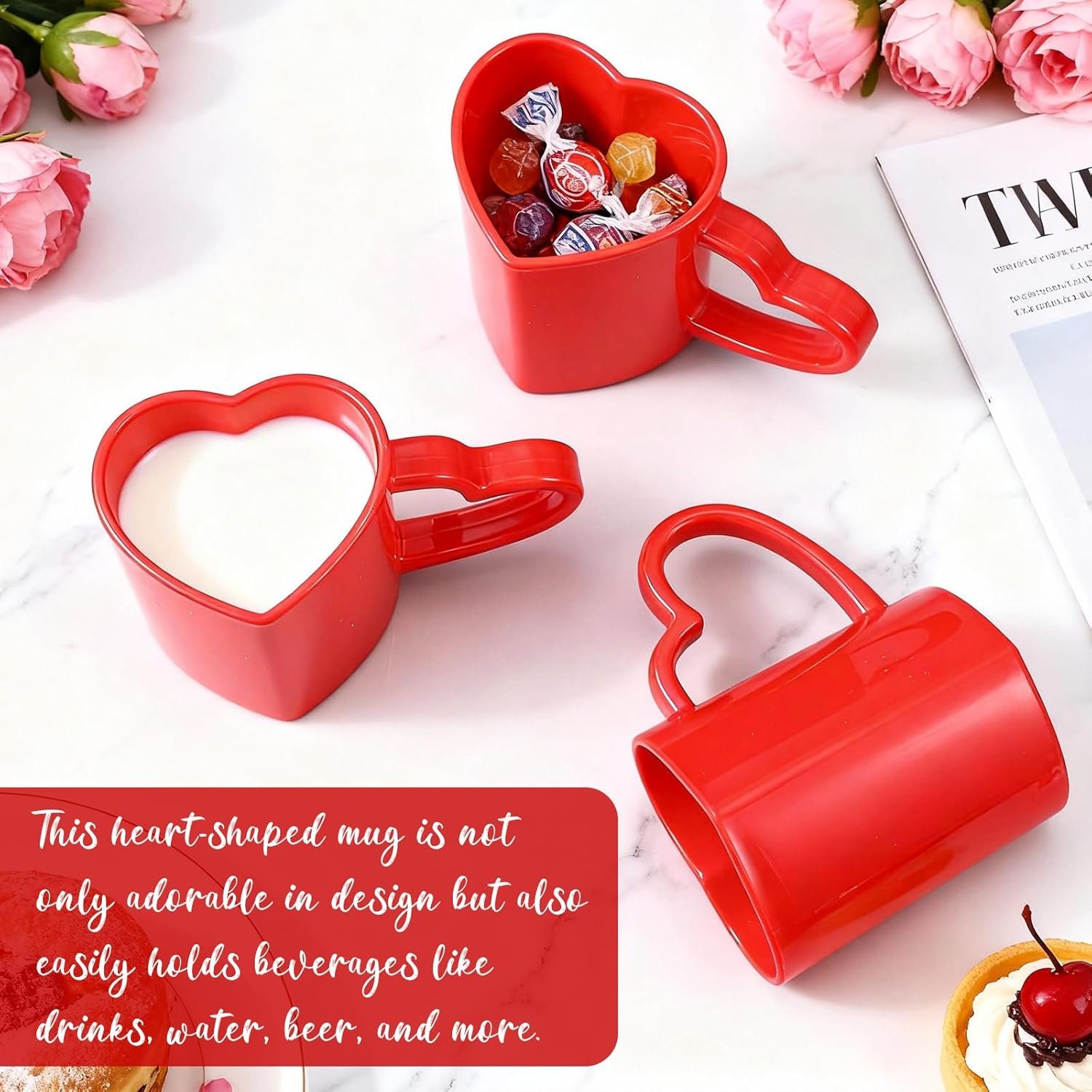 Baderke 12 Pcs Valentine's Day Heart Shaped Mugs with Handles 7.8 oz Reusable Pink Red Love Heart Plastic Drinking Cups for Birthday Wedding Anniversary Party Supplies(Red) - Image 4