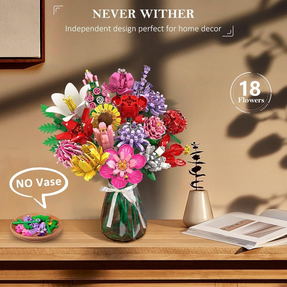 HOGOKIDS Flower Bouquet Set for Adults - Valentine 1461PCS Artificial Flowers Botanical Collection | 18 Sticks Decorative Home Plant Bouquet | Creative DIY Gift for Wife Girlfriend Mom Women Men - Image 3