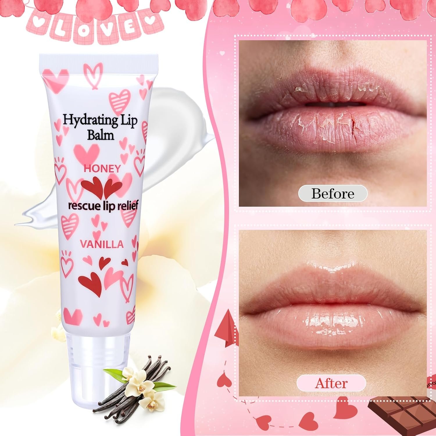 Leelosp 12 Pcs Valentine's Day Lip Balm Galentine's Gifts Bulk Honey Vanilla Lip Balm Conversation Heart Hydrating Natural for Dry Cracked Lips Women Valentines Gifts Bulk for Her - Image 5