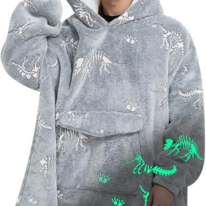 Wearable Blanket Hoodie for Adult,Oversized Sherpa Fleece Blanket Hoodie for Women Men,Glow in The Dark Dinosaur Fossil