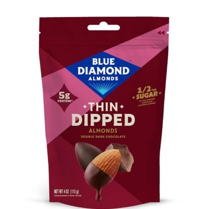 Blue Diamond Almonds, Dark Chocolate Covered Thin Dipped Snack Nuts for Guilt-Free Snacking with Half the Sugar, Perfect for Gathering, Holidays, or Craving a Sweet Treat, 4oz. Resealable Bag