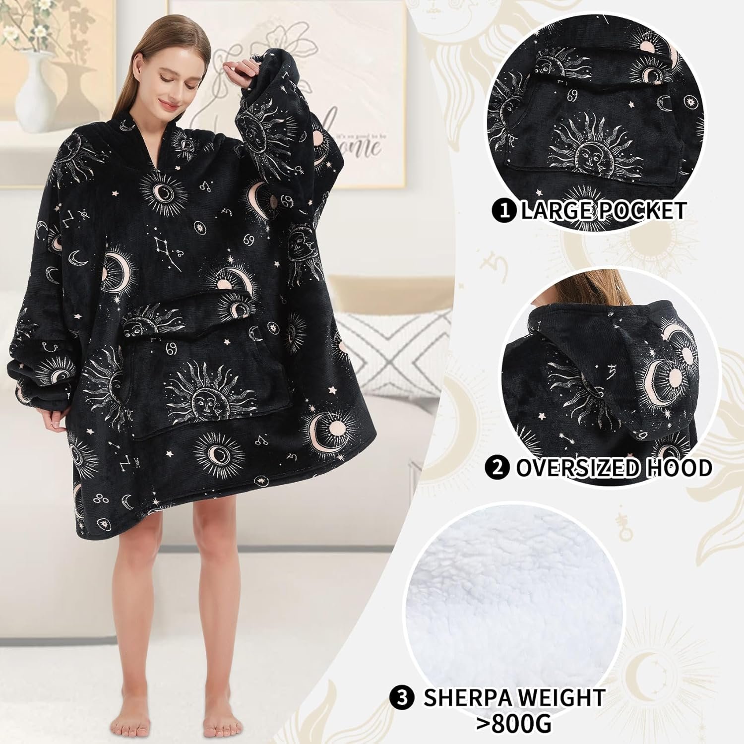 Wearable Blanket Hoodie for Adult,Oversized Sherpa Fleece Blanket Hoodie for Women Men,Sun and Moon - Image 2
