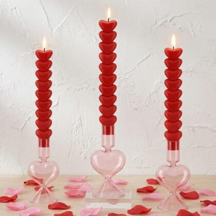 Treela 6 Pcs Valentine's Day Decor Heart Taper Candle Gift Sets 3 Red Unscented Taper Candles 3 Glass Heart Candlestick Holders Valentine Gifts for Wedding Anniversary Bachelorette Party Supplies