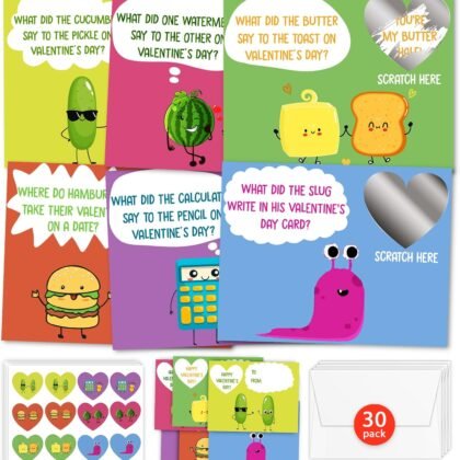HIDEGRASS Funny Joke Valentine's Day Cards for Kids Classroom, 30 Pack Valentine Cards with 36 Stickers & 30 Envelops, Valentines Gifts for Boys Girls