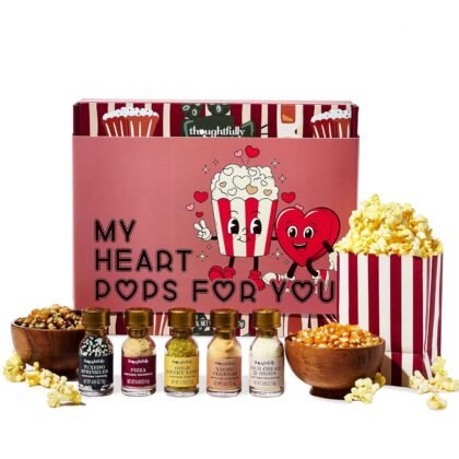 Thoughtfully Gourmet, Valentine’s Movie Night Popcorn Gift Set, Includes Yellow & Mixed Popcorn Kernels, 10 Popcorn Bags, 5 Gourmet Seasonings & Toppings, Romantic Movie Night Gift Basket for Couples