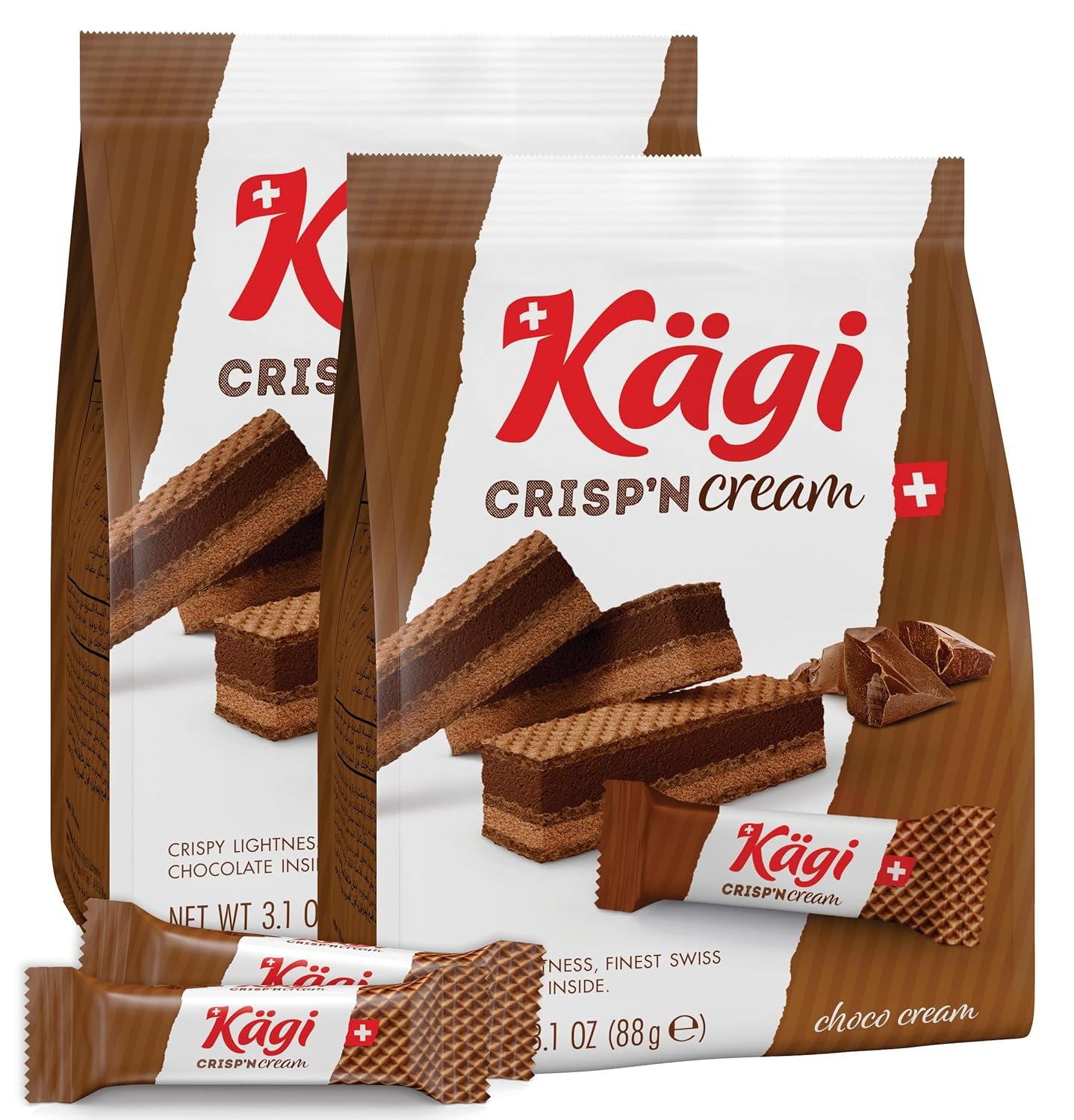 Swiss Milk Chocolate Mousse Filled Wafers by Kägi, Individually Wrapped Snacks, Chocolate Gift, Kägi Crisp'n Cream, Choco Cream, 2-Pack, 88g Bags