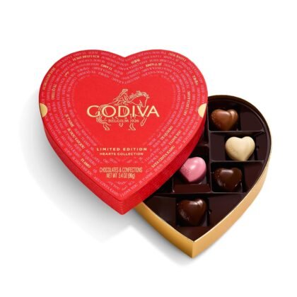 Godiva Gold Heart Belgian Chocolate Box, Assorted Chocolates with Ganache and Pralinés, Elegant Valentine’s Day Gift for Her, 9 Pc