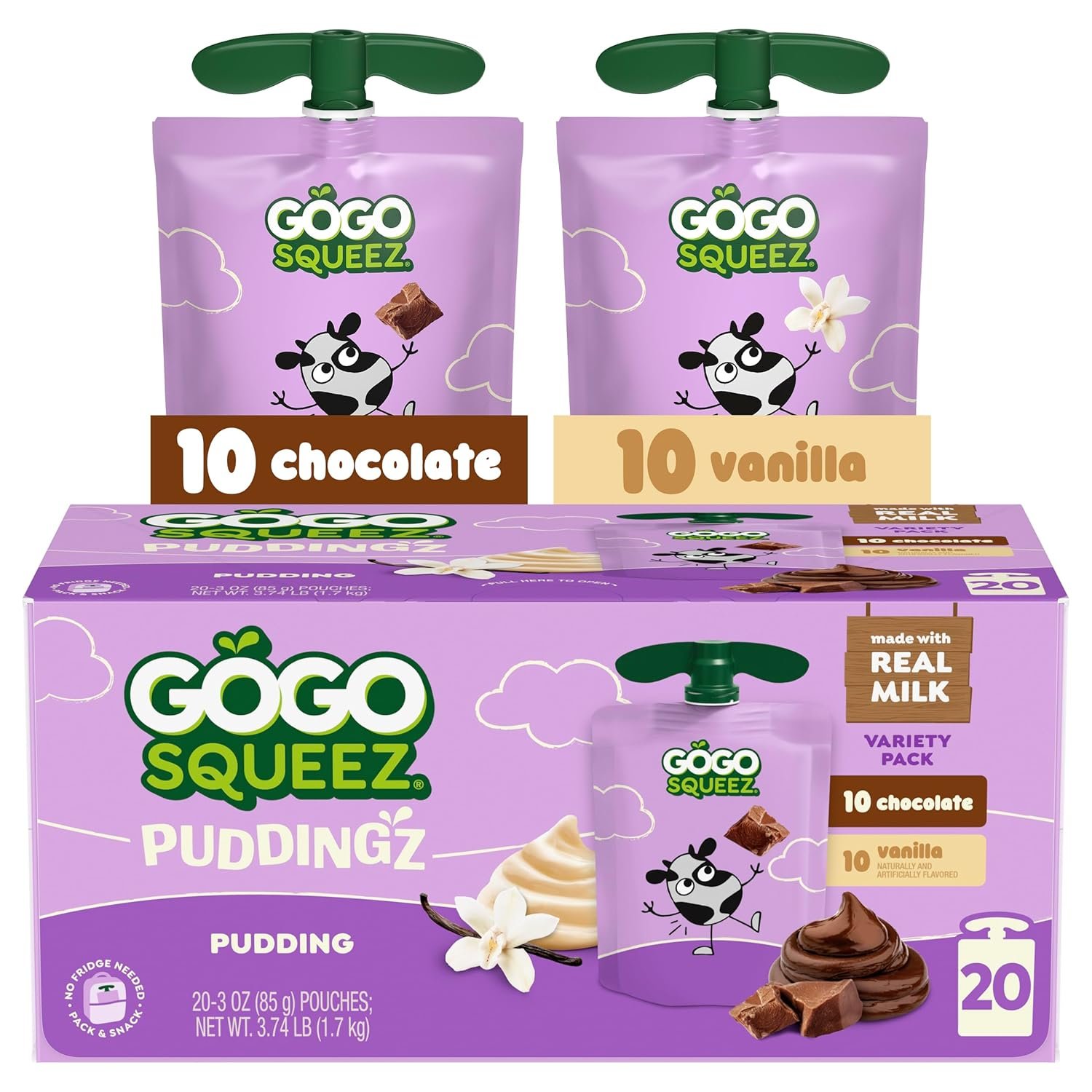 GoGo squeeZ PuddingZ Variety Pack, On-the-Go Chocolate and Vanilla Pudding, 3 oz. Pouches (Pack of 20), BPA Free Pouches