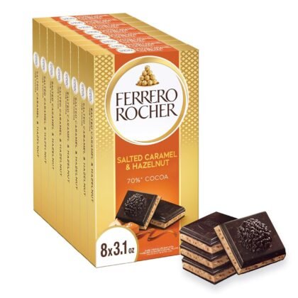 Ferrero Rocher Premium Dark Chocolate Hazelnut and Crunchy Salted Caramel Bar, Chocolate Gift, 8 Pack, ​3.1 oz Each