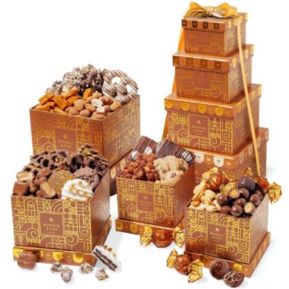 Gift Basket Tower, Chocolate Candy Snack Treat Gift Box Assortment - Men, Women, Corporate, Office, Employee, Appreciation, Thank You, Party- Bonnie and Pop (Chocolate)