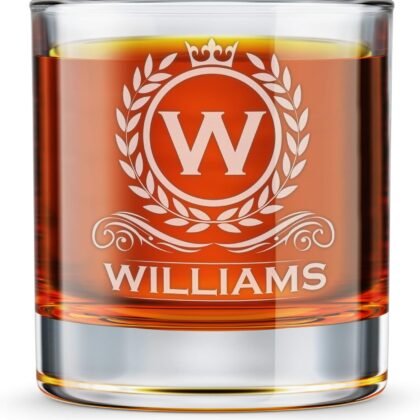 Personalized Whiskey Glass, Engraved Monogram Rocks Cocktail Glass, 10.25 oz Custom Bourbon Gift For Men