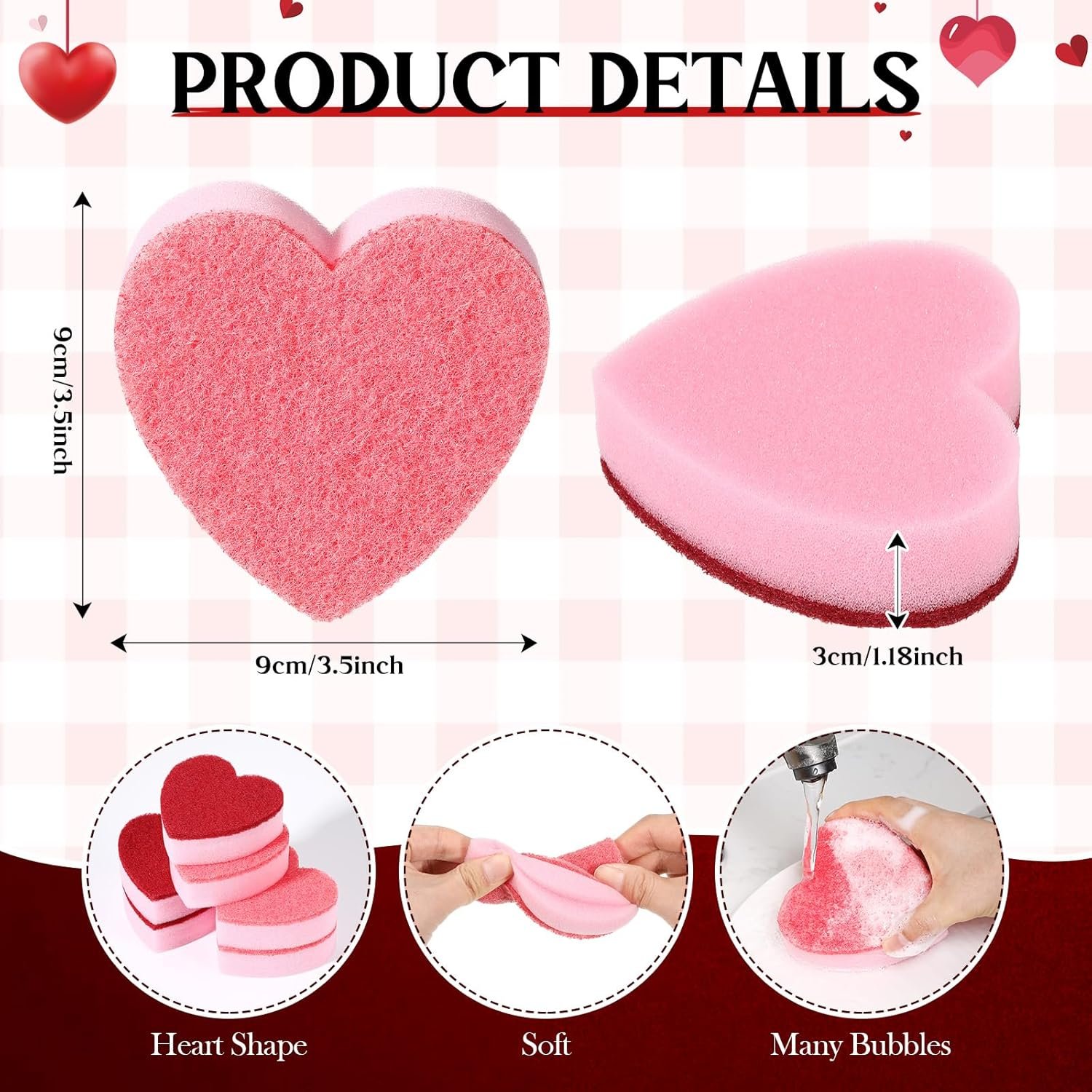 Breling 6 Pcs Heart Shaped Scrub Sponges Valentine Gifts Dual-Sided Kitchen Sponge Heart Kitchen Scrubber for Washing Dishes Pots Pans Household Bathroom Cleaning(Red Pink) - Image 2