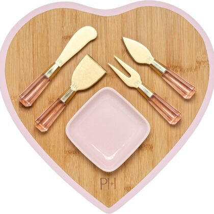 Paris Hilton Charcuterie Board and Serving Set, Bamboo Serving Board, Ceramic Dish, Cheese Utensils with Titanium Coated Blades, 6-Piece Set, Pink