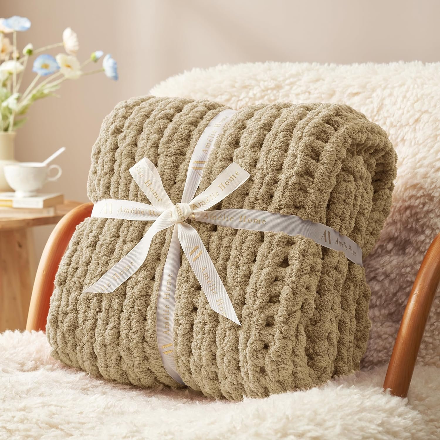 Amélie Home Chunky Knit Throw Blanket for Couch, Soft Chenille Crochet Blanket for Sofa, 50"x60", Beige - Image 9