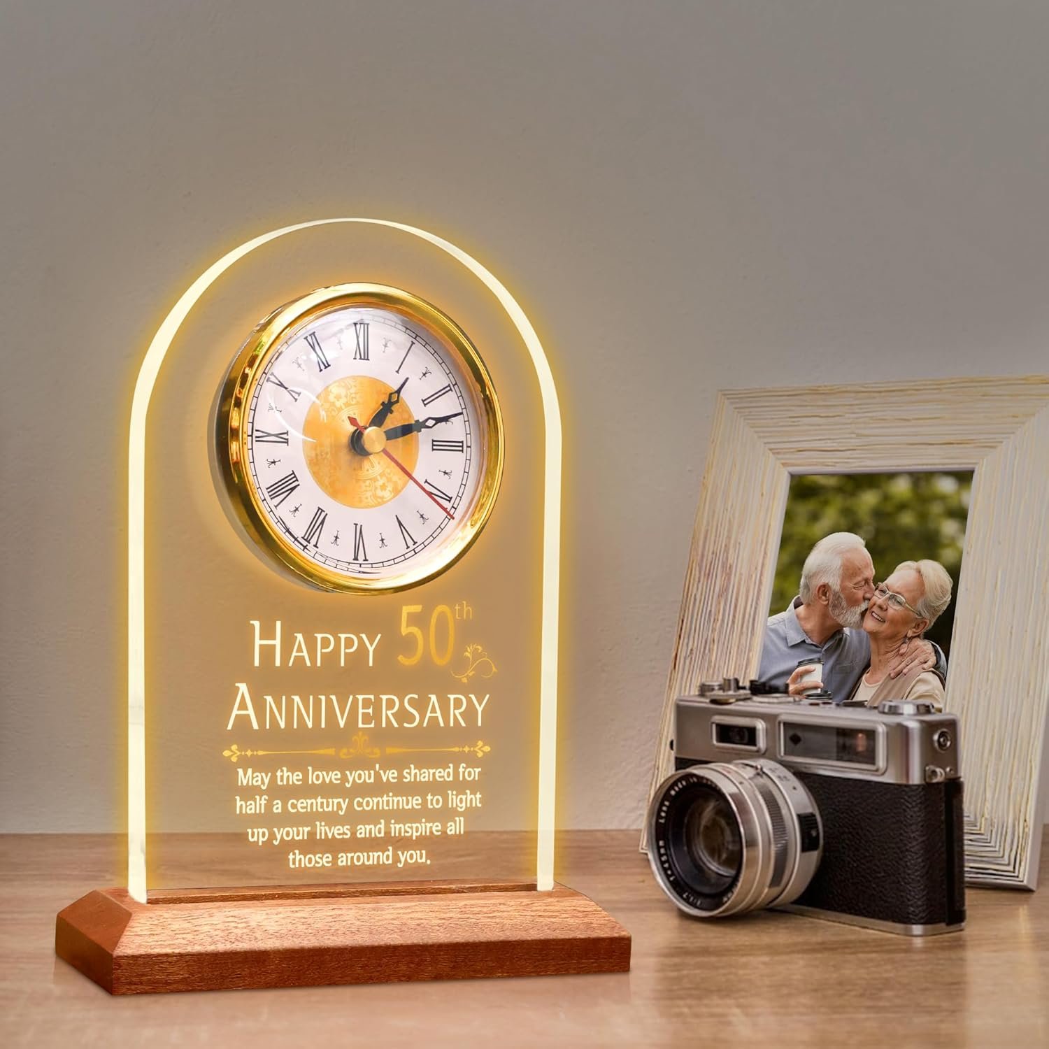 50th Anniversary Wedding Gift, Anniversary Quartz Clock, Desk Table Clock, 50 Years of Marriage, Golden Wedding for Couple, Parents, Grandparents (Wooden Base with LED Light) - Image 4