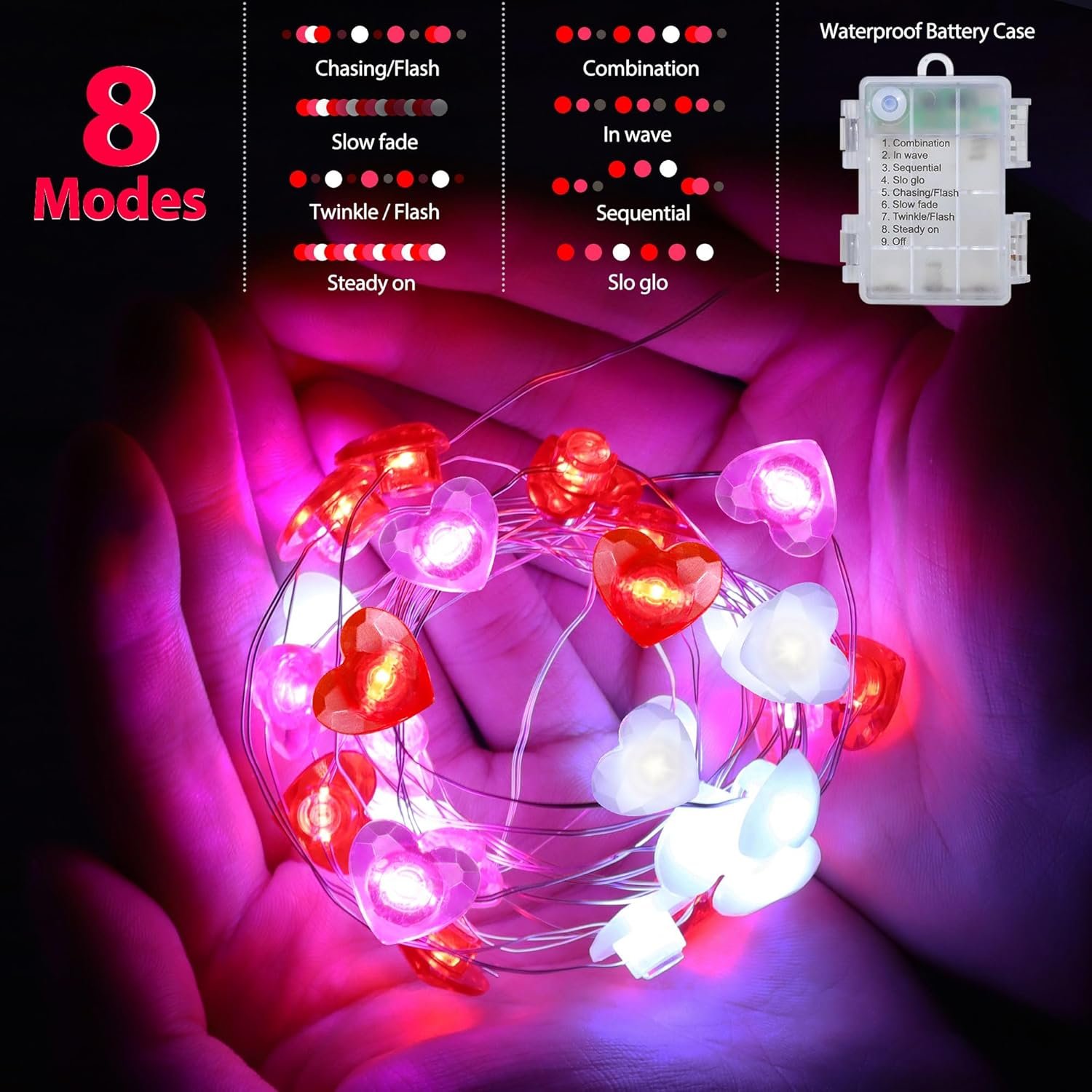 Valentines Decor 10FT 30 LED Valentine's Lights with Timer, Red Pink White Heart Lights String Battery Operated, 8 Modes Valentines Decorations Heart Fairy Lights Romantic Decor Home Bedroom - Image 2