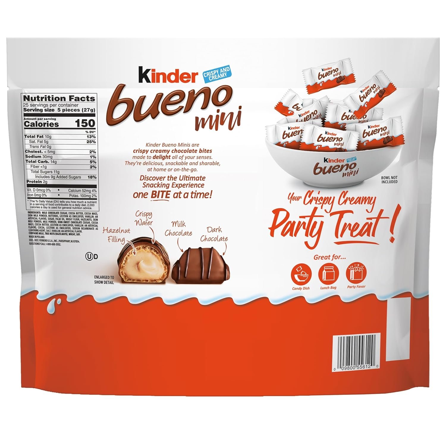 Kinder Bueno Mini Milk Chocolate Bars with Hazelnut Filling, Chocolate Candy Bars for Game Day, Football Party Supplies, Snacks for Adults, 5.7 oz. - Image 2