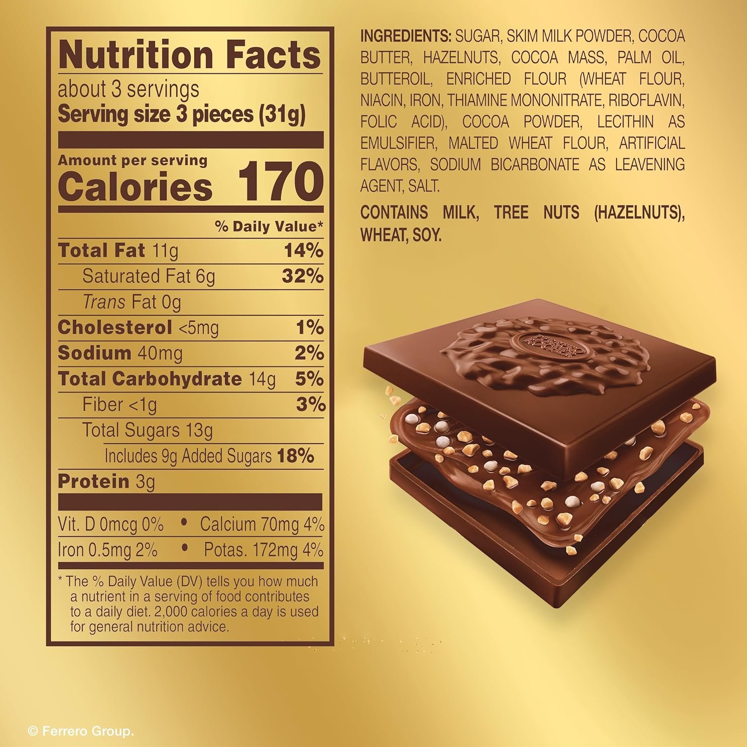 Ferrero Rocher Premium Hazelnut Milk chocolate squares, Chocolate Gifts, 10 Pieces, 3.7 oz - Image 2