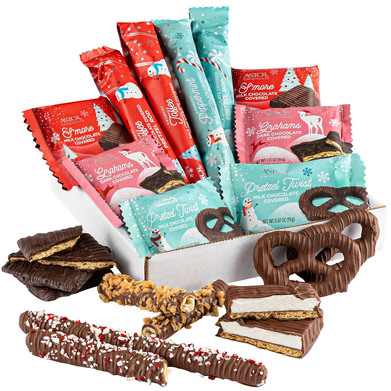 Astor Chocolate Winter Christmas Gift Basket Chocolate Stocking Stuffers, S’mores, Assorted Rich Belgian Milk and Dark Chocolate Covered Pretzel Twists & Rods, Grahams, Holiday 2025 Gift Box