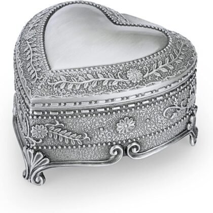 Hipiwe Vintage Heart Shape Jewelry Box - Antique Ring/Earrings/Necklace Storage Organizer Case, Metal Treasure Chest Trinket Keepsake Gift Box for Women, Medium