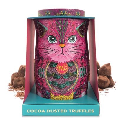 Monty Bojangles Persian Pink Cocoa Dusted Truffles Cat Tin (4.37 oz) - Choccy Scoffy Flavoured Luxury Chocolatey Truffles - Collectable Cat Tin Chocolate Gift With Bespoke Design