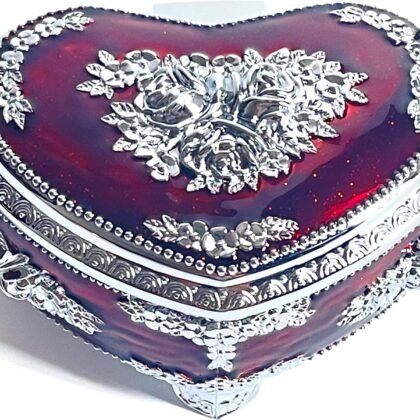Heart Shape Jewelry Box,Rose Relief Metal Jewelry Chest,Necklace Earrings Ring Storage Case for Women (Chrome Transparent Red, Small)
