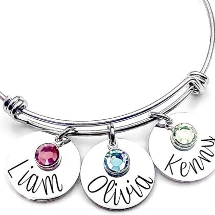 Kids Names Bangle - Mothers Day Gift-Customized-Name Bangle Bracelet With Names Of Choice-Customized-charms- gift for mom- grandma- godmother