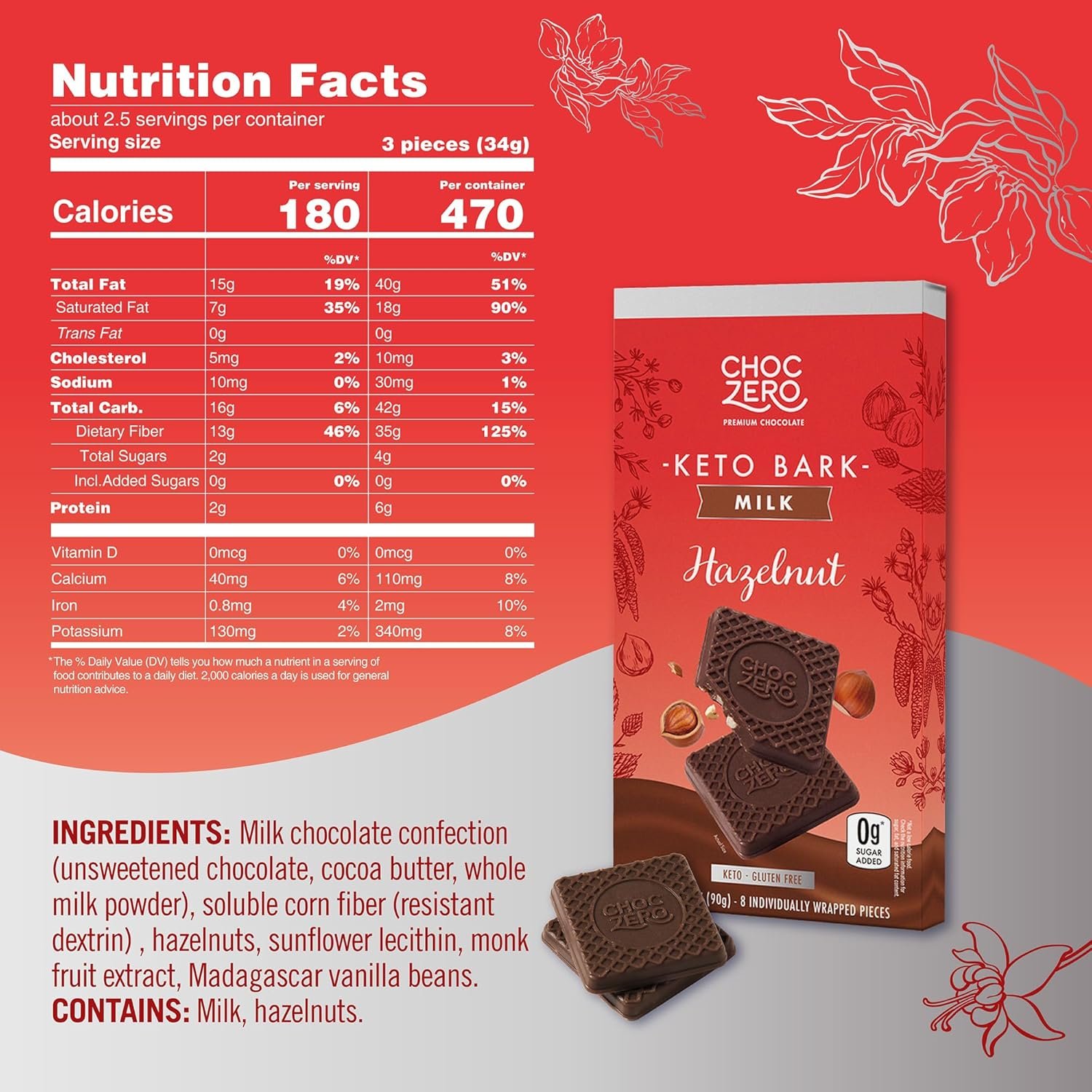 ChocZero Milk Chocolate Hazelnut Bark, No Added Sugar, Low Carb, High Fiber, Keto Friendly, No Sugar Alcohols (4 Count, 3.2oz Boxes) - Image 2