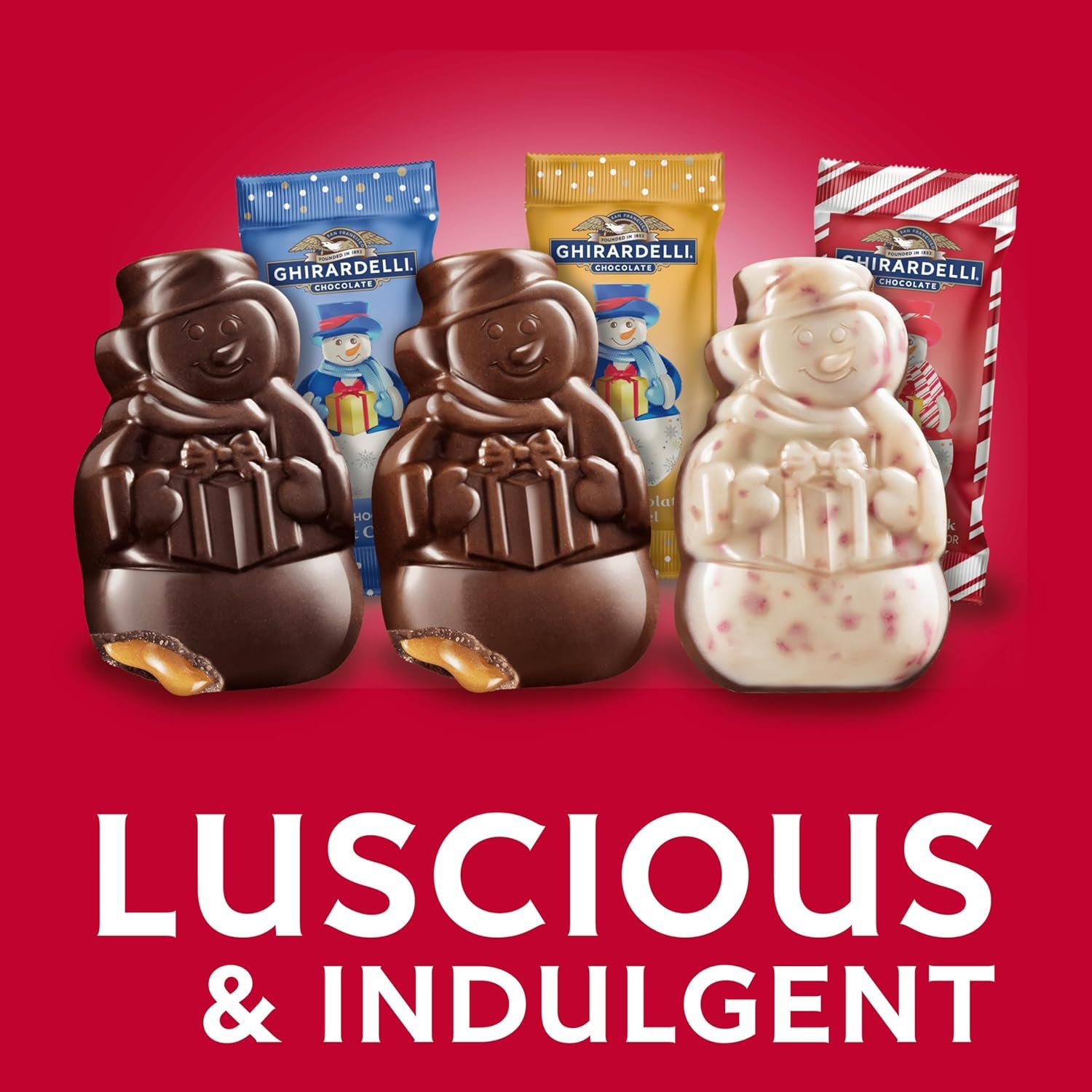 Ghirardelli Chocolate Assorted Snowmen, Holiday Collection with Milk Chocolate Caramel, Dark Chocolate Sea Salt Caramel, and Peppermint Bark, 10.2 oz Bag - Image 5