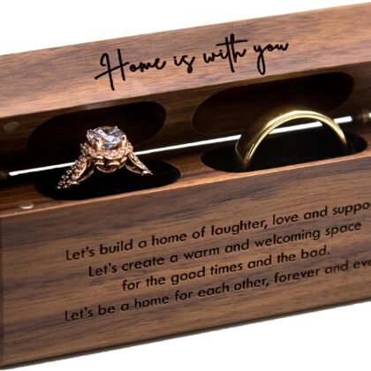 MUUJEE Double Ring Box - Engraved Slim Wooden Ring Case Box for Wedding Ceremony Engagement Proposal Ring Bearer Box - Anniversary Birthday Gift Ideas (Home Is With You)