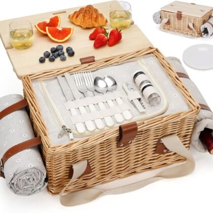 HappyPicnic Picnic Basket for 2, Handmade Wicker Picnic Set with Folding Table and Waterproof Blanket, Large Insulated Picnic Basket with Wine Bag & Cutlery Kit for Picnic, Camping, Holidays (Flower)