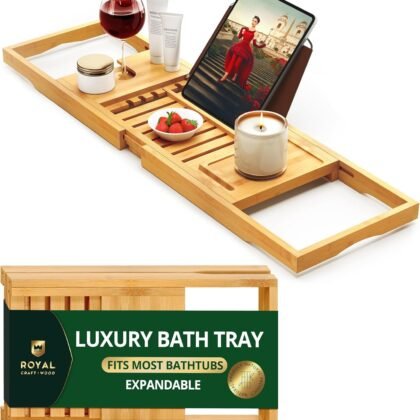ROYAL CRAFT WOOD Premium Foldable Bathtub Tray Caddy - Wood Bath Tray for Tub, Bamboo Shelf, Expandable Bath Table Trays, Bathtub & Bathroom Accessories for New Home & Mothers, Birthday Gifts for Mom