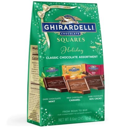 GHIRARDELLI Holiday Classic Chocolate Assortment SQUARES – Limited Edition Milk & Dark Chocolate Candy with Caramel and Mint Flavors, Individually Wrapped, 8.6 oz Bag