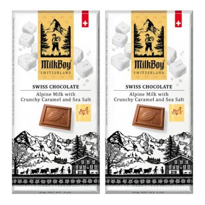 Milkboy Swiss Chocolates Milk Chocolates - Alpine Milk Chocolate Bars with Crunchy Caramel Sea Salt - Gluten-Free Non-GMO All Natural - Made in Switzerland - 3 oz, Pack 2
