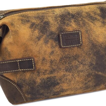 LEATHER VILLAGE Genuine Leather Dopp Kit for Men & Women – Travel Vintage Toiletry Bag with Waterproof Lining, Shaving & Bathroom Essentials Organizer - Brown