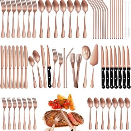 69pcs Rose Gold Silverware Set with Steak Knife Service For 8, Flatware Cutlery Set Stainless Steel Utensils Mirror Polishe Spoon and Fork with Metal Straw, Slotted Spoon, Tongs, Cake Server Tableware