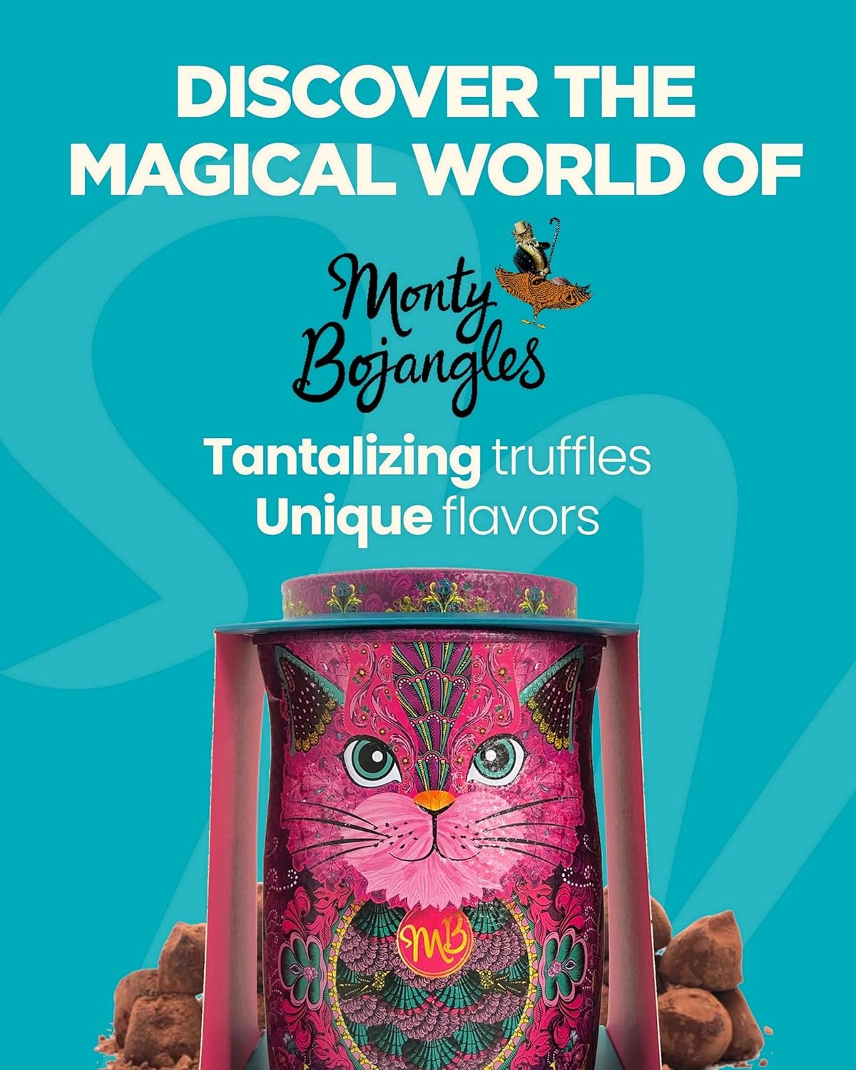 Monty Bojangles Persian Pink Cocoa Dusted Truffles Cat Tin (4.37 oz) - Choccy Scoffy Flavoured Luxury Chocolatey Truffles - Collectable Cat Tin Chocolate Gift With Bespoke Design - Image 3