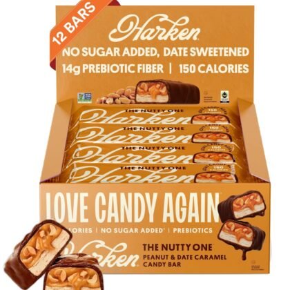 Harken Sweets The Nutty One, Oat Milk Chocolate Candy Bars with Peanuts and Date Caramel, Sweetened with Dates and No Sugar Added, High Fiber Snack, Gluten-Free, Plant-Based, 12 Bars