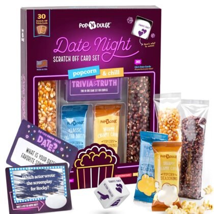 Date Night Scratch Off Cards Movie Popcorn Gift Set, Best Couples Gift Ideas, 30 Date Night Scratch Off Cards, Movie Night Dice Game, Popcorn Kernels & Gourmet Seasoning, Valentines Gifts for Her Him