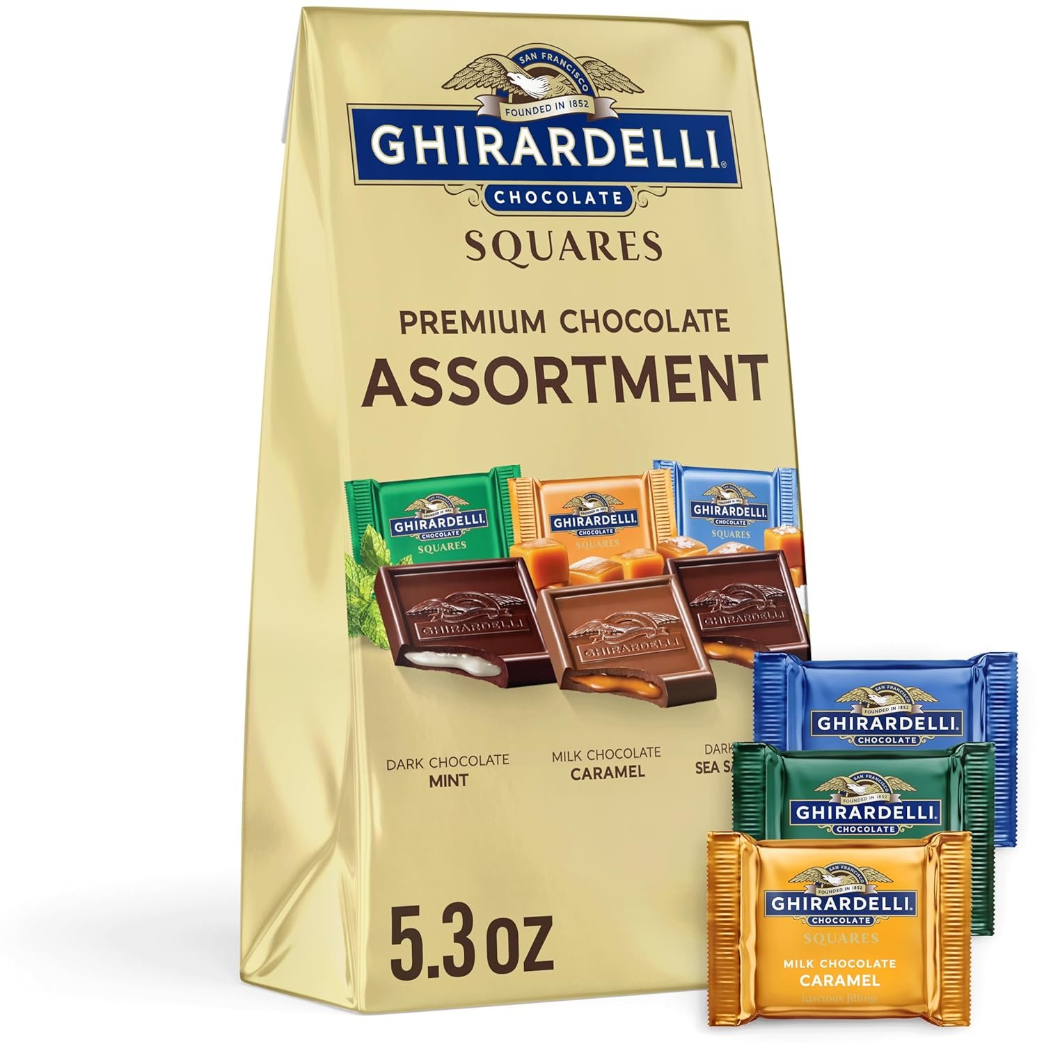 GHIRARDELLI Premium Chocolate Assortment SQUARES, 5.3 oz Bag Variety of Individually Wrapped Milk, Dark, and Mint Chocolates - Image 4