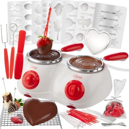 Dual Electric Chocolate Melting Pot Set - Valentines Day Candy Bar Making or Fondue Fountain Kit w/ 30 Bonus Accessories - Dip, Drizzle & Decorate Strawberries, Marshmallows- Party Appetizers Desserts