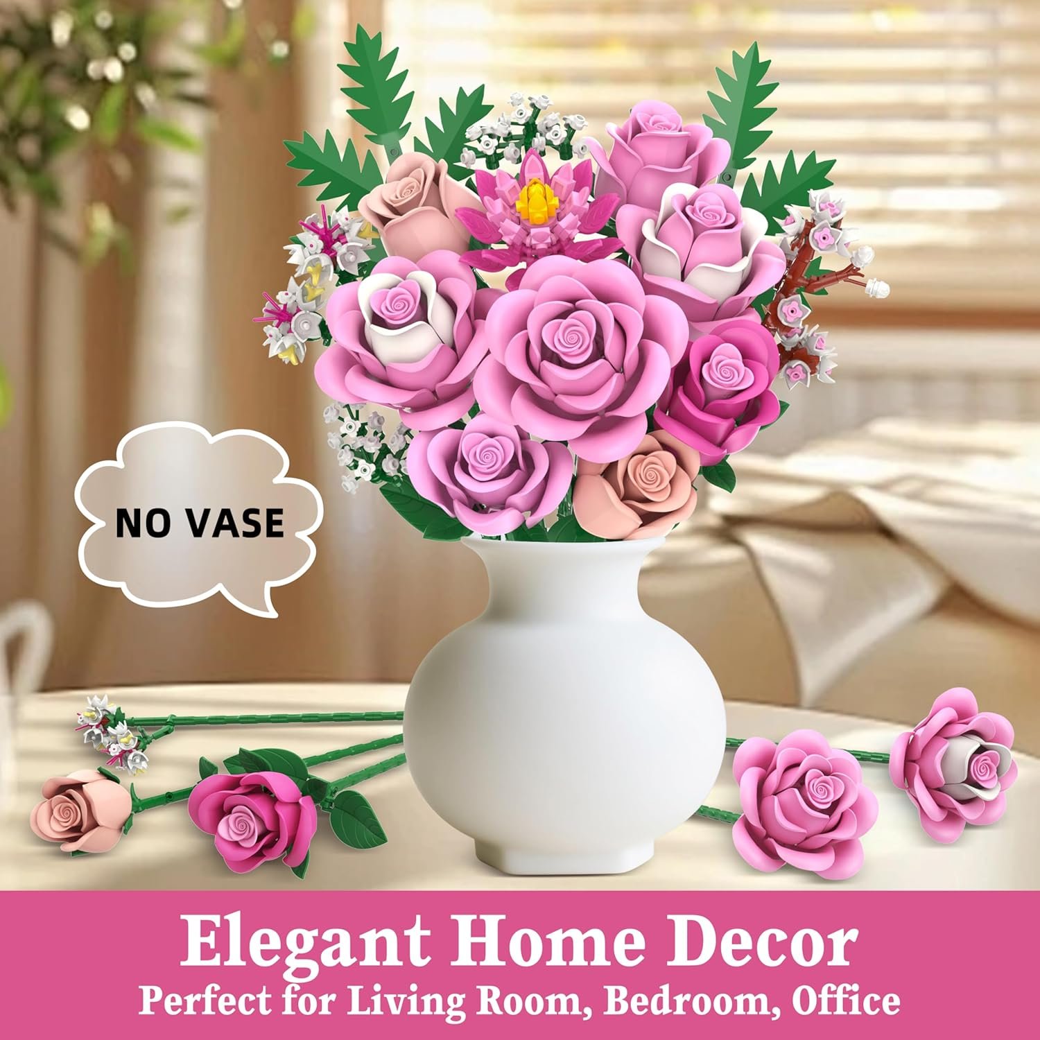 Pink Rose Bouquet Flowers Building Set, 834Pcs Roses Artificial Flowers Botanical Collection Compatible with Lego Flowers for Adults Valentines Day Gifts for Her Women Wife Girlfriend Mom - Image 6