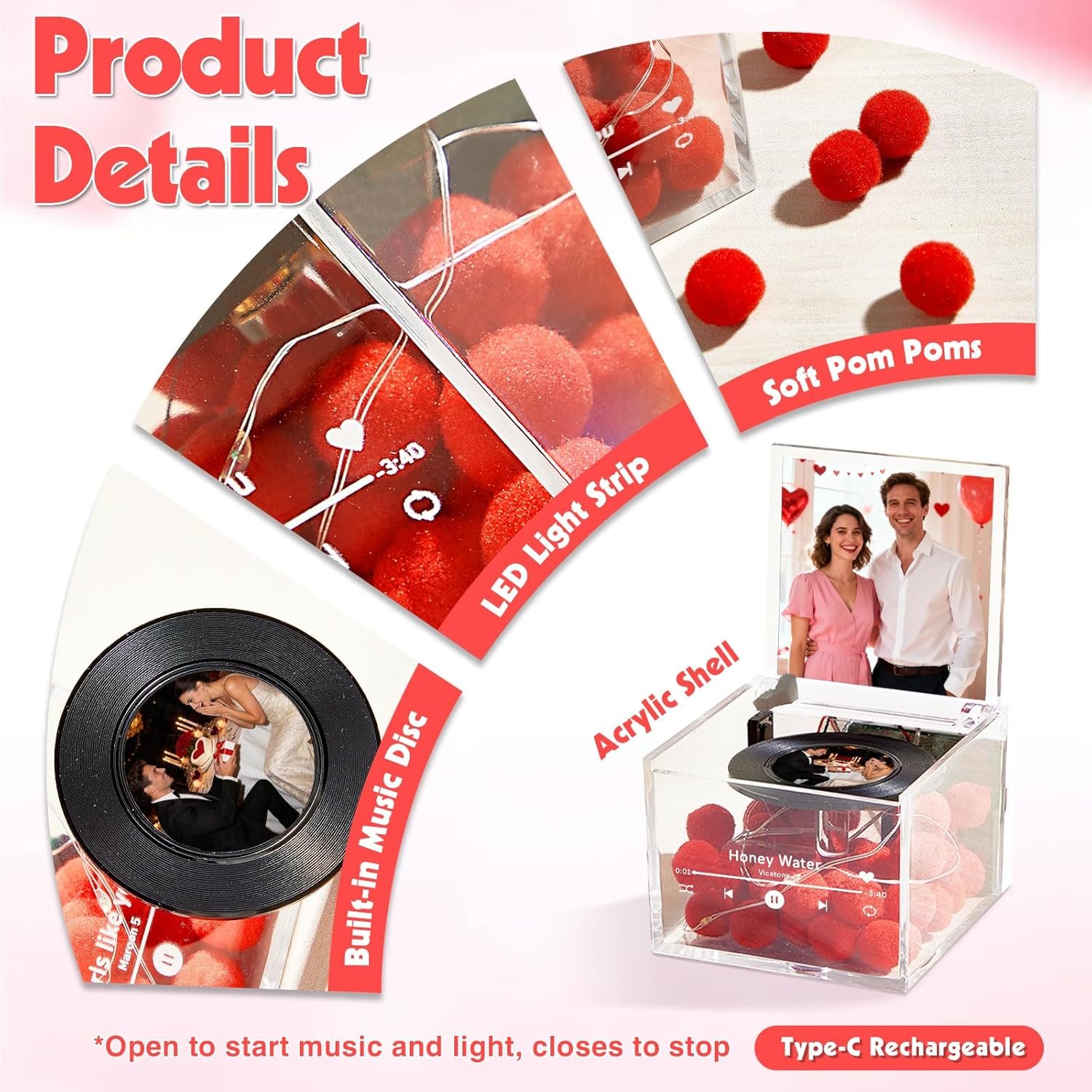 Custom Acrylic Music Box with Light – Personalized Mini Photo & Song Vinyl Record Player, Romantic Valentine’s Day Gift for Couples, Him or Her, Anniversary Birthday Gifts for Women Wife Girlfriend - Image 5