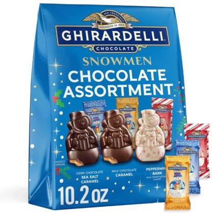 Ghirardelli Chocolate Assorted Snowmen, Holiday Collection with Milk Chocolate Caramel, Dark Chocolate Sea Salt Caramel, and Peppermint Bark, 10.2 oz Bag