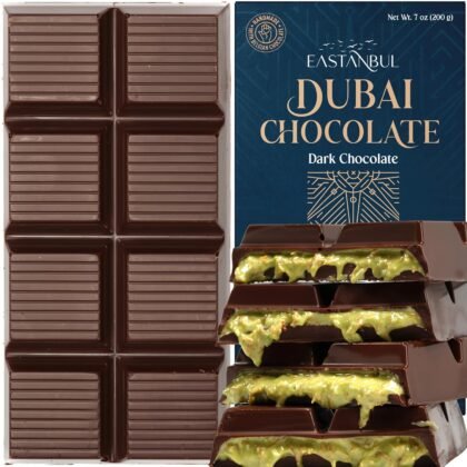 Eastanbul Dubai Dark Chocolate Bar Pistachio, 7oz, Premium Belgium Chocolate, Pistachio Dubai Bar, Viral Candy with Shredded Phyllo Dough, Knafeh, Gift Box