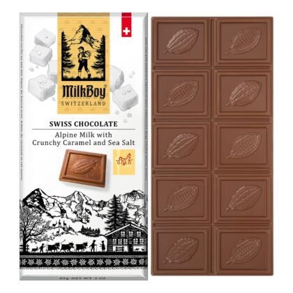 Milkboy Swiss Chocolates Milk Chocolates - Alpine Milk Chocolate Bars with Crunchy Caramel Sea Salt - Gluten-Free Non-GMO All Natural - Made in Switzerland - 3 oz, Pack 1
